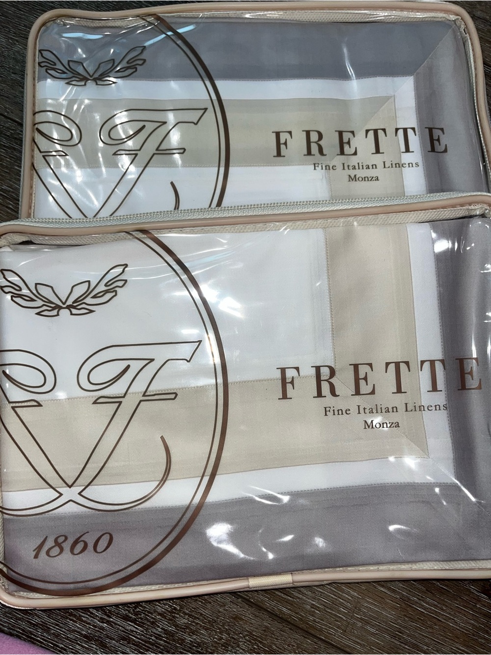 Frette White, Cream and Light Gray Linen Set in Clear Zip Case